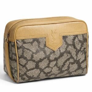 Yves Saint Laurent Monogram Giraffe Print Canvas Clutch  Makeup Bag Beige Gray